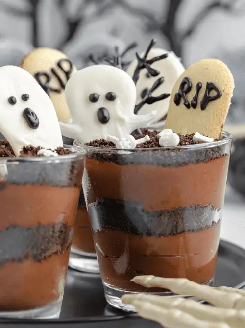 No-Bake Halloween Treats layered in clear cups with chocolate pudding, crushed Oreos, and spooky toppings like RIP cookies and marshmallow ghosts, perfect for a festive graveyard dessert display.