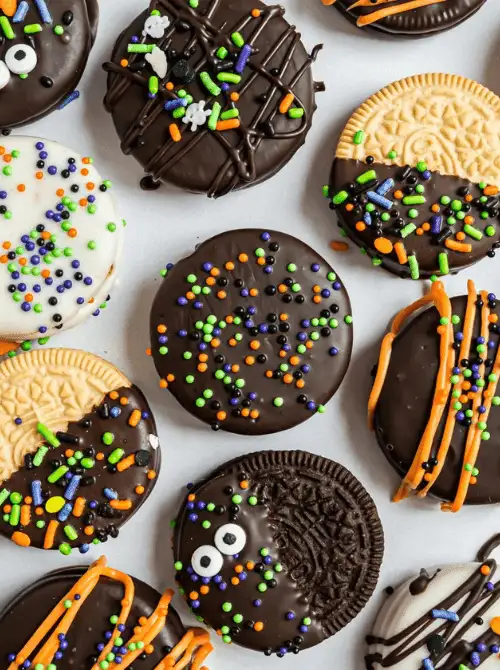 No-Bake Halloween Treats featuring assorted Oreo cookies dipped in white, milk, and dark chocolate, decorated with Halloween-themed sprinkles, candy eyes, and colorful drizzles for a fun and festive dessert platter.