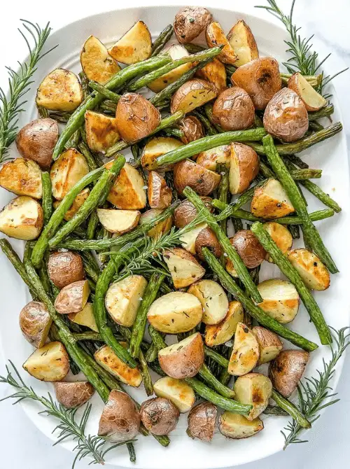 Roasted red potatoes and green beans with rosemary on a white platter—an easy, rustic option for Budget-Friendly Thanksgiving Vegetable Sides.D