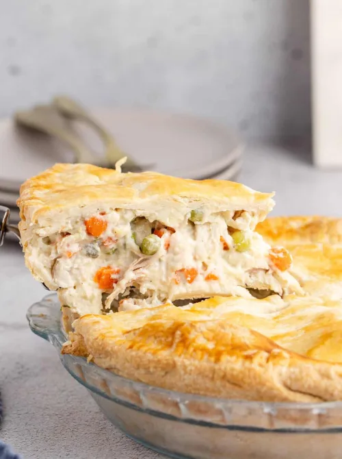 Golden baked turkey pot pie filled with creamy turkey, carrots, peas, and potatoes — a classic comfort food idea for what to make with Thanksgiving leftovers and one of the best easy turkey recipes for family dinners.