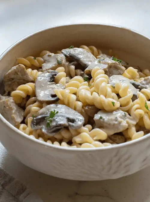 Bowl of creamy turkey stroganoff made with rotini pasta, mushrooms, and tender turkey pieces — a comforting idea for what to make with Thanksgiving leftovers and one of the easiest turkey recipes for weeknight dinners.