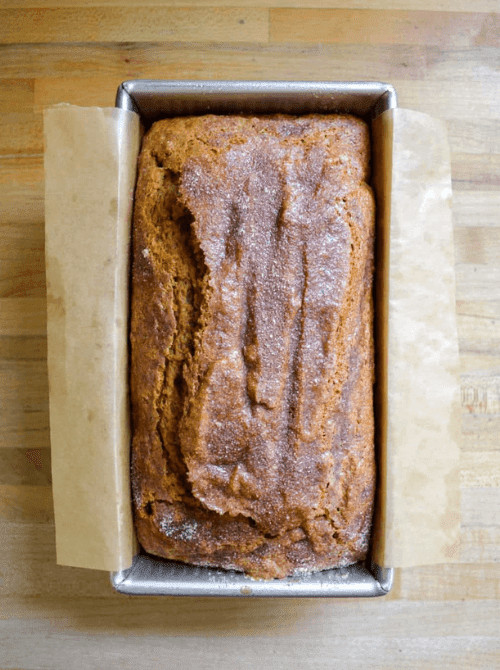 Freshly baked loaf of pumpkin bread in a parchment-lined pan, with a golden-brown, cinnamon-sugar crust on top.