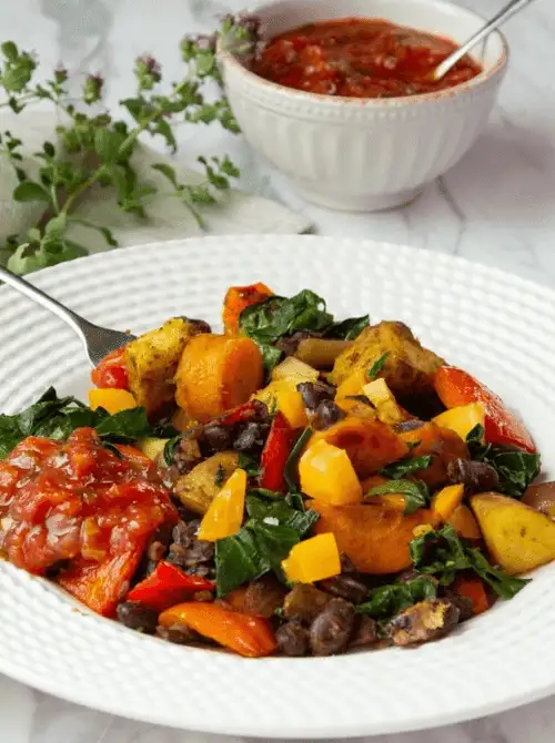 Colorful veggie hash with beans, potatoes, and salsa – a healthy idea for what to make with Thanksgiving leftovers and recipes that stretch your budget.