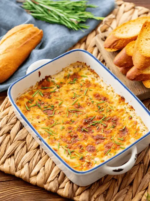 Baked ricotta dip topped with fresh herbs in a white casserole dish, served with toasted baguette slices—a warm favorite for Party Dips for the Holidays and Cheesy Dips.
