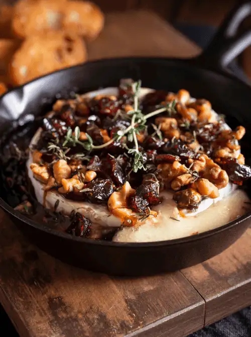 A warm skillet of baked brie topped with toasted walnuts, dried cranberries, and fresh thyme, with the cheese melting around the edges. Served on a rustic wooden board with slices of toasted baguette in the background.