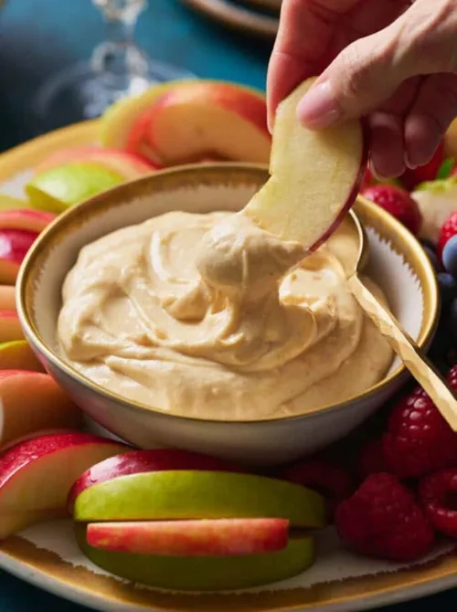 A smooth caramel-colored easy dessert dip served in a small bowl, surrounded by fresh apple slices, raspberries, and blueberries. A hand dips an apple slice into the creamy mixture, creating a cozy, inviting look perfect for party dips for the holidays or fall gatherings.