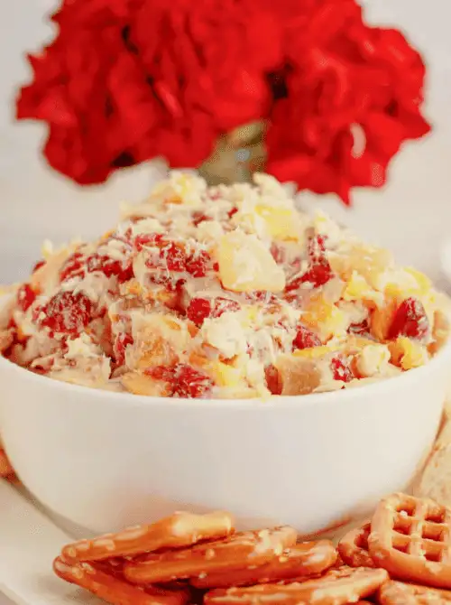 Cranberry cream cheese spread with fruit pieces served in a white bowl alongside pretzels, a sweet and creamy choice for make-ahead Christmas appetizers and easy Christmas party food ideas.
