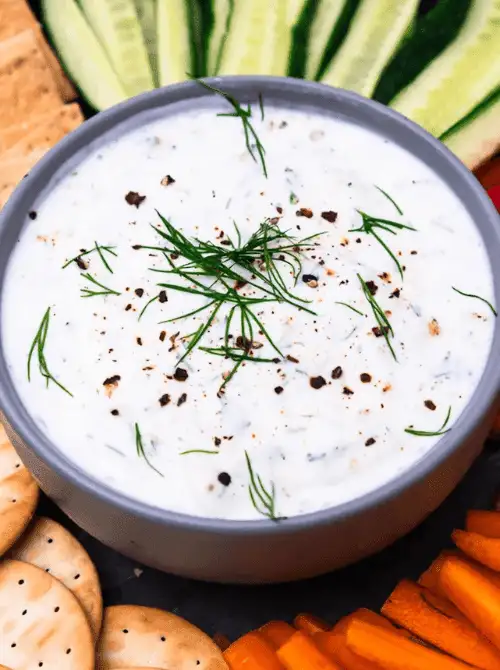 Creamy Greek yogurt dill dip served with crackers and fresh vegetables, a refreshing option for Party Dips for the Holidays with Global Twists.