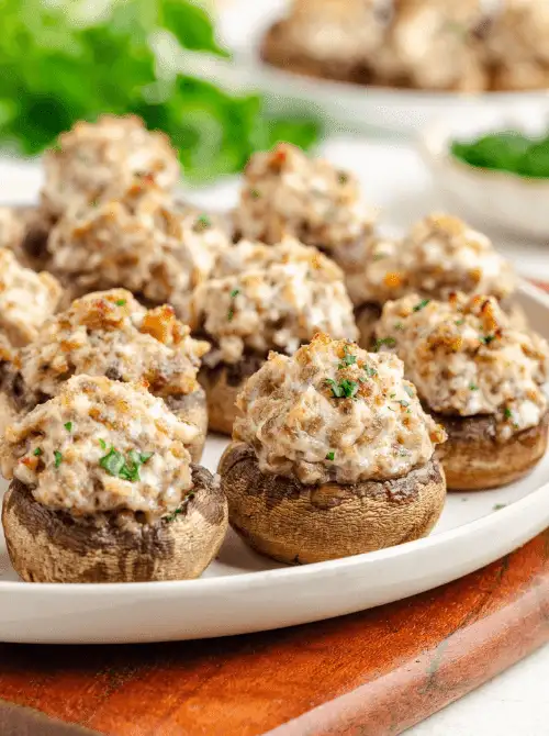 3-Ingredient Sausage Stuffed Mushrooms baked until golden and creamy — a crowd-pleasing, budget-friendly appetizer for Christmas party food ideas that’s easy to make ahead, perfect for holiday entertaining, and filled with rich, savory flavor using just a few simple ingredients.