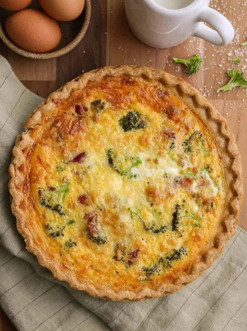 Broccoli and bacon quiche with a golden flaky crust, a classic and easy dish for Christmas morning breakfast featured in casseroles and quiche recipes.