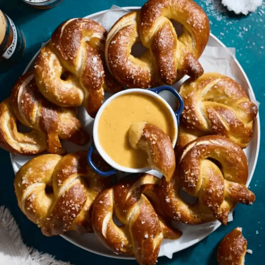 Soft pretzels arranged around a bowl of beer cheese dip, a last minute Super Bowl party dip recipe perfect for game day snacking.