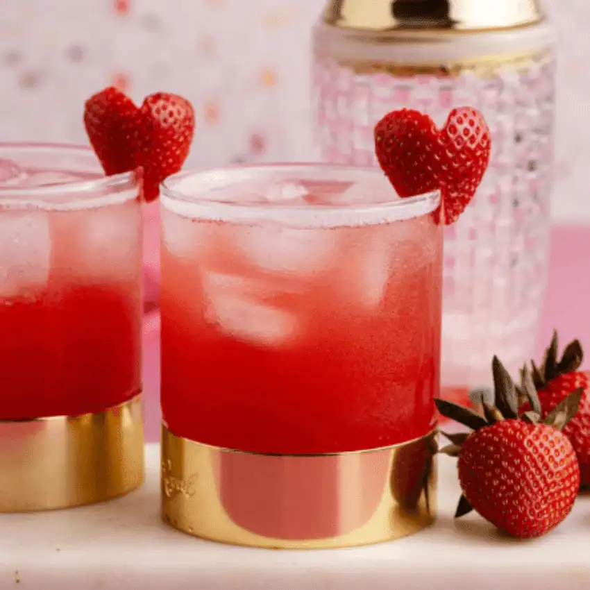 Pink Cocktail Ideas for a Galentine’s Day Party featuring strawberry cocktails served over ice with heart-shaped strawberry garnish and gold-rimmed glasses
