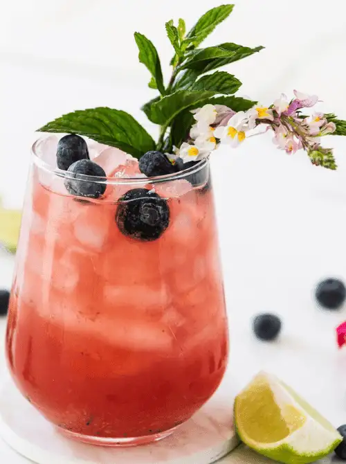 Close-up of a blueberry mojito mocktail served for a Galantine's Day Party, showcasing easy mocktail ideas with mint leaves, blueberries, and floral garnish in a pink drink.