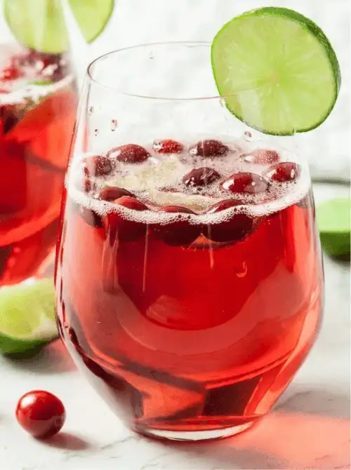 Pink Cocktail Ideas for a Galentine’s Day Party featuring a cranberry cocktail with fresh cranberries and lime garnish in a stemless glass