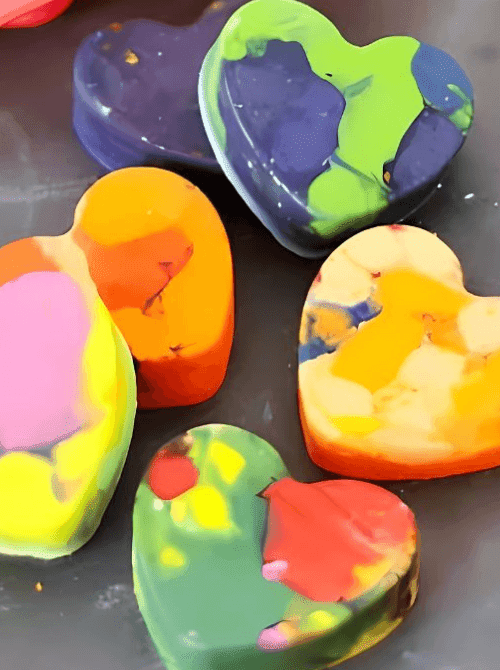Close-up of homemade heart crayons in pink, yellow, green, and blue, simple Valentine’s DIY craft on a Dollar Tree budget.