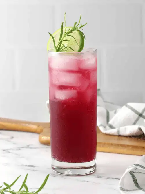 Close-up of a pomegranate spritzer served for a Galantine's Day Party, showcasing easy mocktail ideas with rosemary and lime garnish in a tall glass.