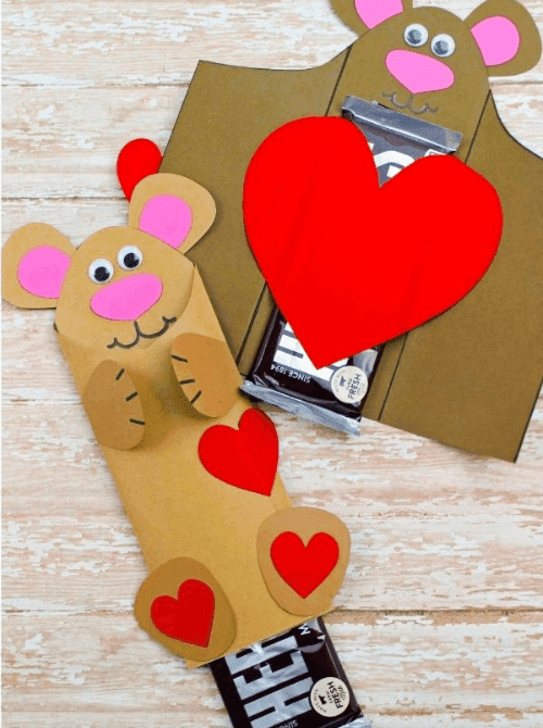 Teddy bear candy bar wrappers for Valentine’s Day, Valentine’s DIY crafts made on a Dollar Tree budget.