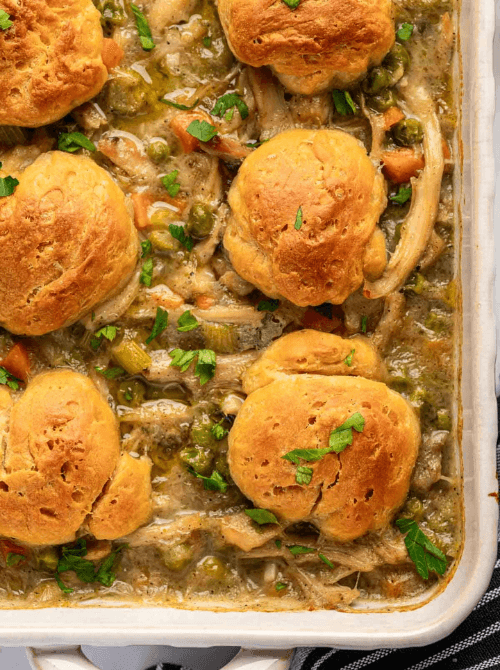 Overhead view of a chicken and dumpling casserole with fluffy biscuit-style dumplings, vegetables, and gravy, showcasing comforting chicken casseroles made for easy weeknight dinners.