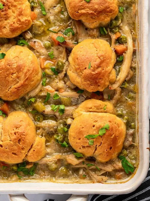 Overhead view of a chicken and dumpling casserole with fluffy biscuit-style dumplings, vegetables, and gravy, showcasing comforting chicken casseroles made for easy weeknight dinners.