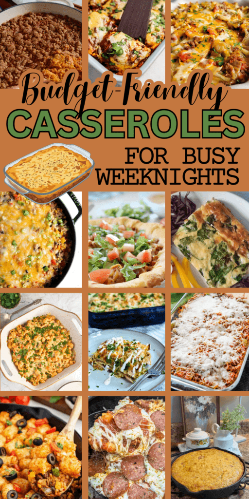 Pinterest graphic featuring a collage of budget-friendly casseroles for busy weeknights, including taco casserole, cheesy enchiladas, cornbread bake, spinach breakfast casserole, baked pasta, pizza casserole, and creamy skillet dinners. Text overlay reads “Budget-Friendly Casseroles for Busy Weeknights.”