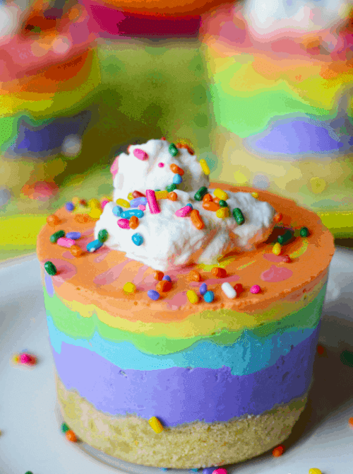 Layered rainbow no-bake cheesecake topped with whipped cream and colorful sprinkles, a festive St. Patrick’s Day dessert on a budget.