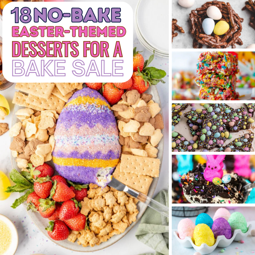 Collage of colorful no-bake Easter-themed desserts for a bake sale, featuring a pastel Easter egg cheese ball with strawberries and crackers, chocolate bird nest treats with candy eggs, sprinkle-covered cereal bars, Easter candy bark, Oreo dirt cups with bunny toppers, and pastel coconut egg candies.