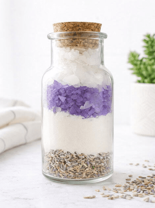 Homemade lavender bath soak layered in a glass jar with a cork lid, showing white Epsom salt, purple bath salts, and dried lavender buds — a handmade bath gift idea for DIY Mother's Day gift baskets.
