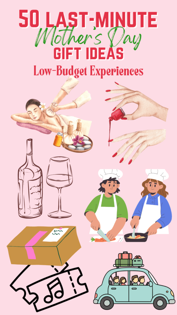 An illustrated collage of low-budget Mother's Day experience gift ideas on a pink background, including a woman getting a massage, a manicure with red nail polish, a wine bottle and glass, two people cooking together, a subscription box with a bow, concert tickets, and a family packed into a car for a road trip.