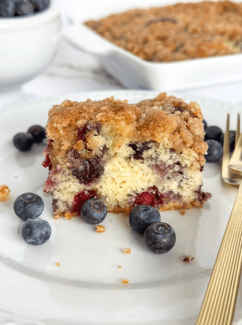A close-up slice of old-fashioned blueberry buckle cake with a golden cinnamon streusel topping and fresh blueberries scattered on a white plate with a gold fork, and the full baking dish visible in the background — a simple make-ahead Mother's Day brunch idea that bakes in one pan and slices even better the next morning.