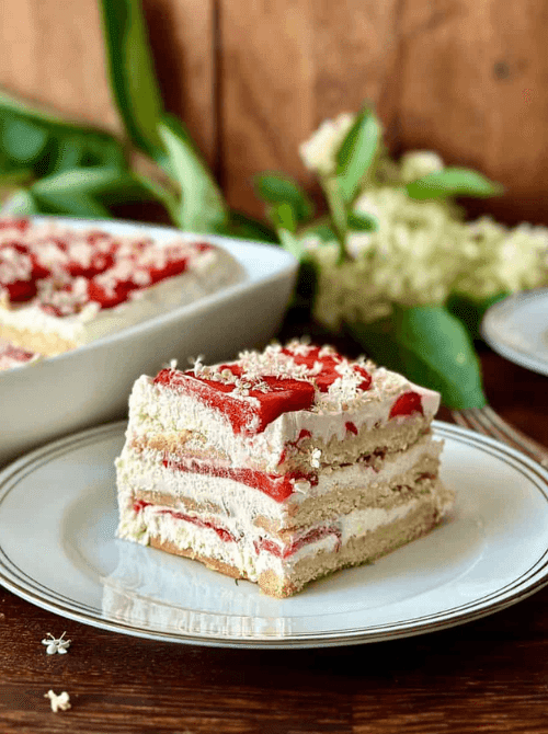 Slice of no-bake elderflower and strawberry icebox cake with visible sponge finger layers and fresh strawberries on a white plate, surrounded by elderflower blossoms — a unique vegan strawberry cake recipe