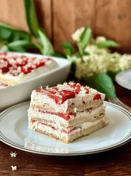 Slice of no-bake elderflower and strawberry icebox cake with visible sponge finger layers and fresh strawberries on a white plate, surrounded by elderflower blossoms — a unique vegan strawberry cake recipe