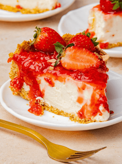 A slice of no-bake strawberry cheesecake on a white plate drizzled with vibrant red strawberry sauce and topped with fresh whole berries, with a gold fork and additional slices visible in the background — a classic summer strawberry dessert recipe that never goes out of style.