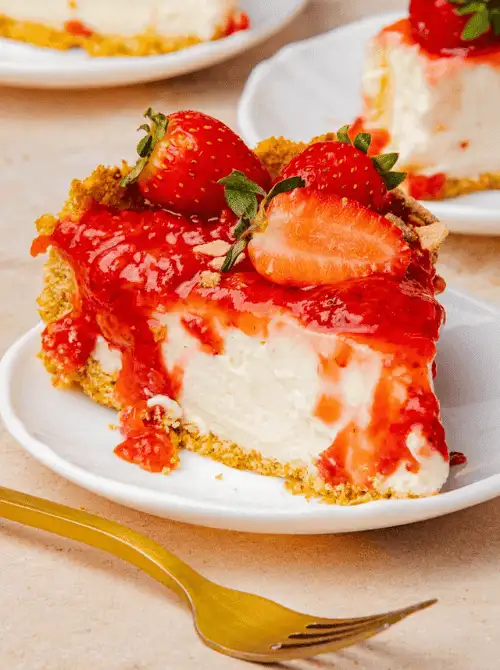 A slice of no-bake strawberry cheesecake on a white plate drizzled with vibrant red strawberry sauce and topped with fresh whole berries, with a gold fork and additional slices visible in the background — a classic summer strawberry dessert recipe that never goes out of style.