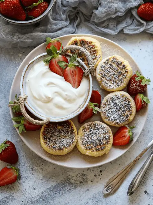 Russian syrniki cottage cheese pancakes served on a pink plate with fresh strawberries and a bowl of cream, dusted with powdered sugar — a fresh strawberry brunch recipe idea.