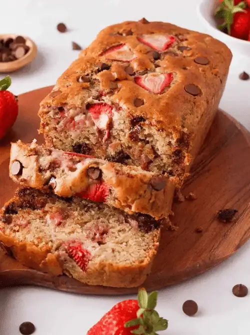Sliced vegan strawberry chocolate chip bread on a wooden cutting board showing fresh strawberry pieces and chocolate chips inside — a make-ahead fresh strawberry brunch recipe.