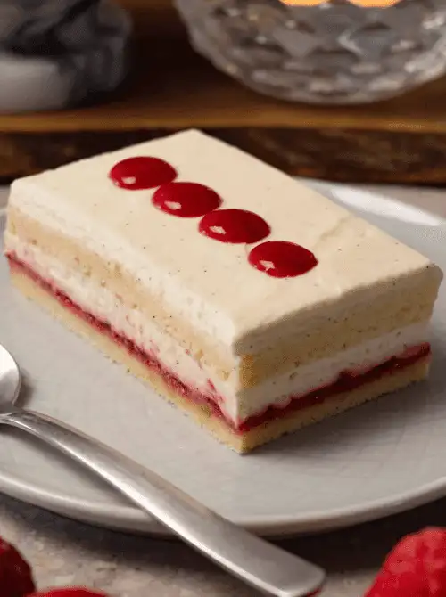 Slice of vanilla strawberry layer cake with clean rectangular edges, strawberry jam filling, cream cheese frosting, and four strawberry jam dots on top — an elegant from-scratch homemade strawberry cake recipe with a European bakery finish