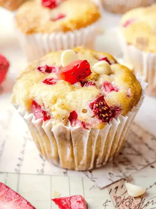 Close-up of a domed white chocolate and strawberry muffin in a paper liner with visible strawberry pieces and white chocolate chips on top — a bakery-style fresh strawberry brunch recipe.